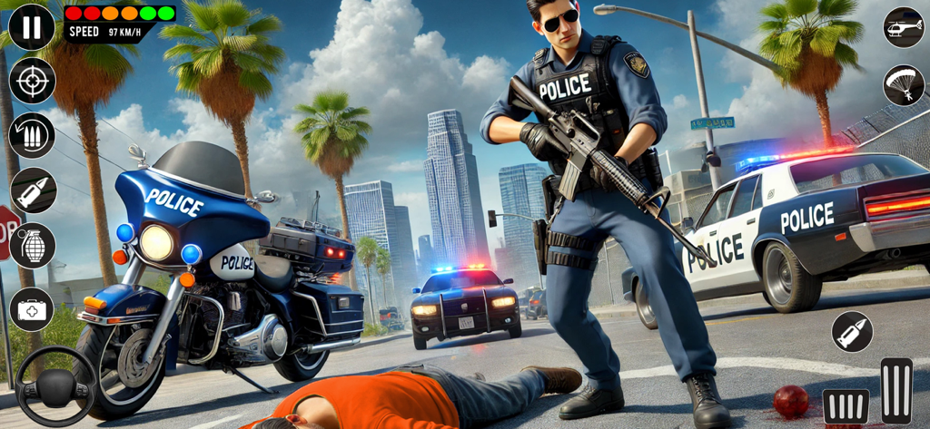 Police Car Games - Police Game - A police officer in tactical gear standing by a motorcycle and patrol cars in a city street