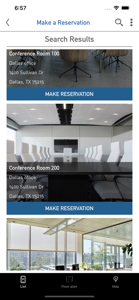 Tango Reserve by AgilQuest - Mobile app interface showing search results for conference room reservations in a Dallas office.