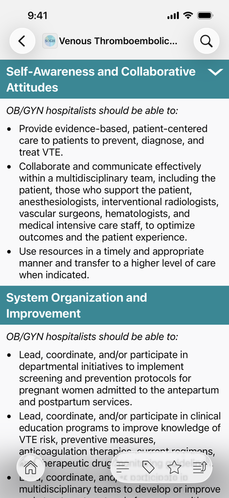 SOGH: OB/GYN Resource Center - Captura de pantalla de la aplicación SOGH OB GYN Resource Center que muestra las competencias fundamentales para hospitalistas sobre autoconciencia y organización del sistema