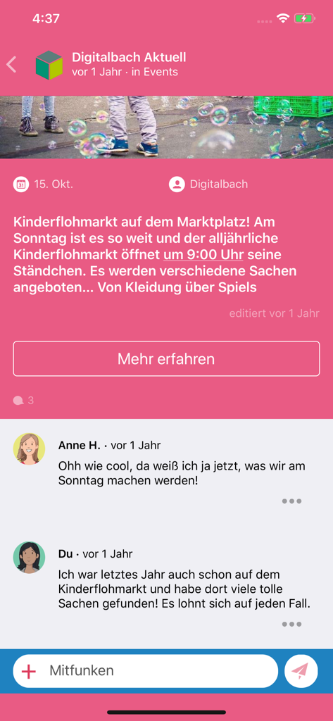 DorfFunk - DorfFunk app screen displaying a local children flea market event with user comments.