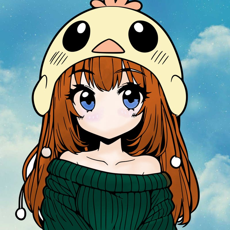 anime girl with chick shaped hat with sweater with bare shoulders with bangs covering them one eye with low tail