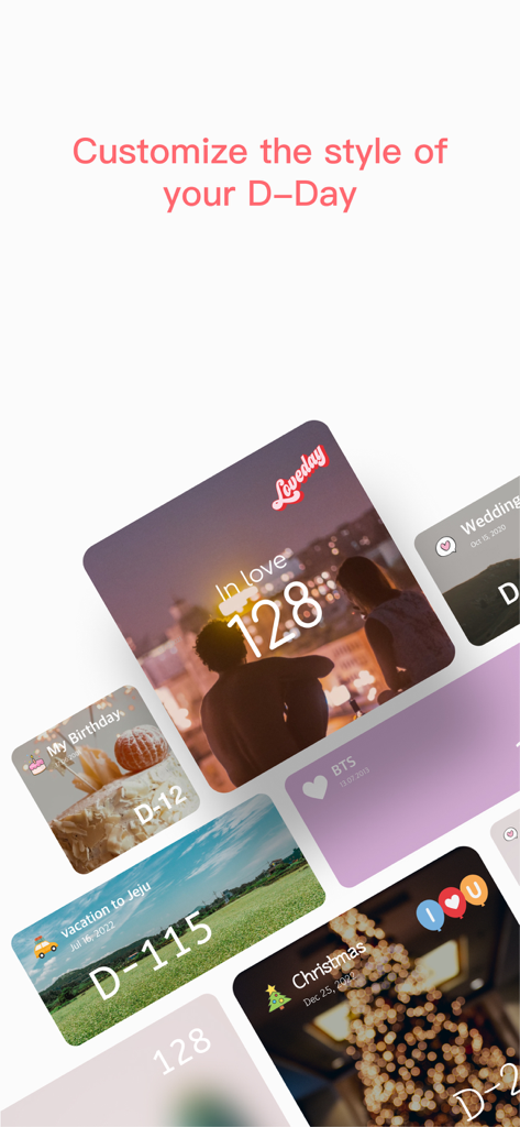 TheDayBefore (days countdown) - A collage showing various customized D-Day countdown cards for milestones like relationships, birthdays, and holidays with the text Customize the style of your D-Day.