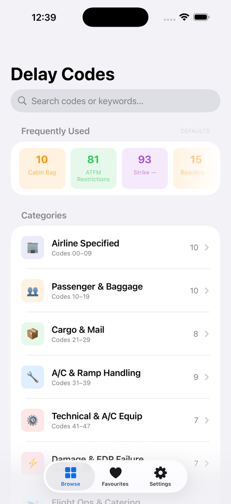 IATA Delay Codes - IATA Delay Codes app main screen showing frequently used codes and categories like passenger and baggage or cargo and mail