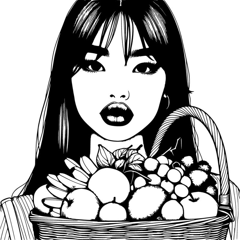 realistic asian girl with lips holding a basket of fruit