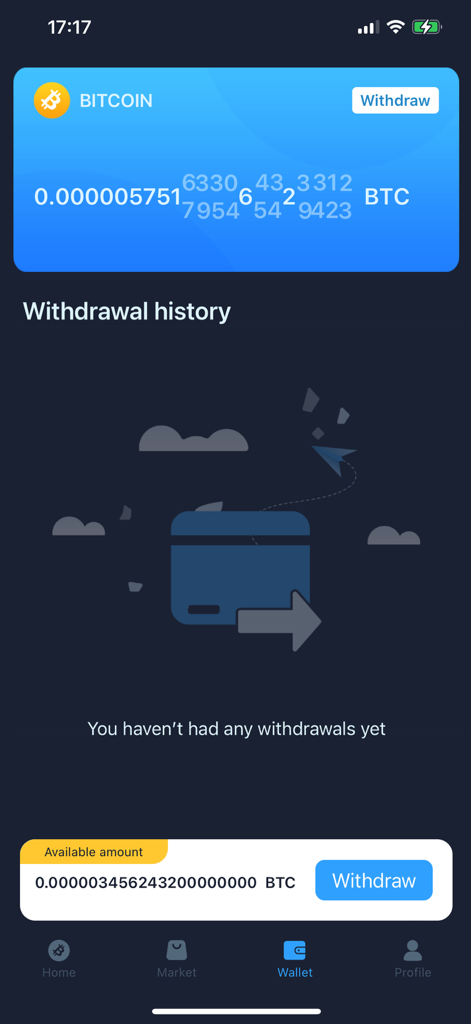 Écran du portefeuille de l'application Bitcoin Cloud Mining affichant le solde et l'historique des retraits.