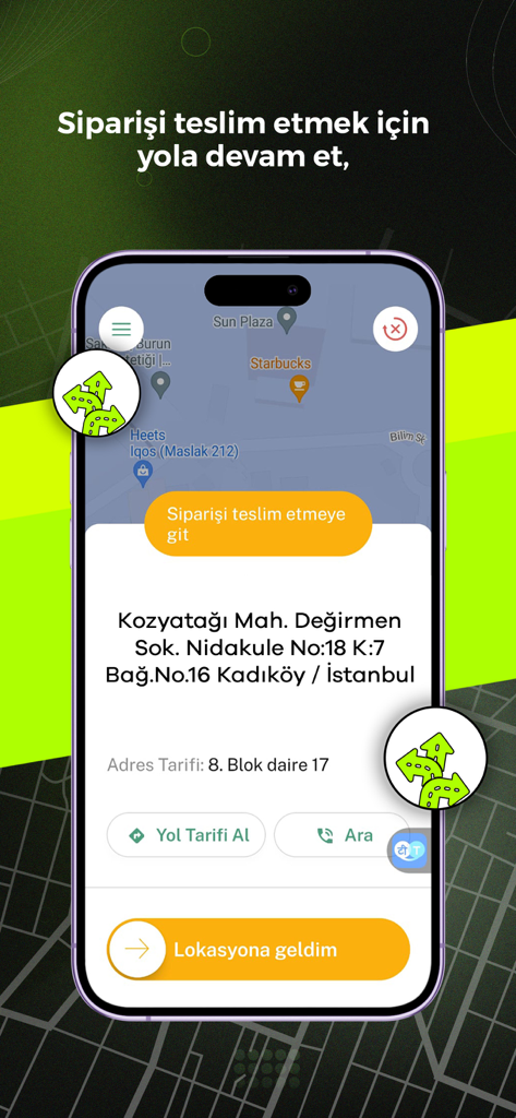 VigoKurye - VigoKurye mobile app interface showing a delivery map and address for couriers with navigation buttons.