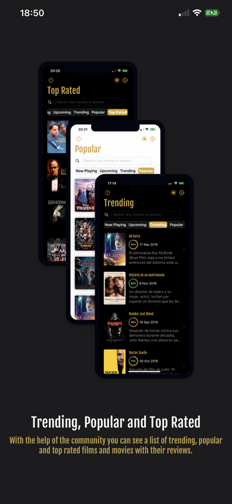 Movie Premieres - Captures d'écran de l'interface de l'application Avant-premières de films montrant les catégories de films tendances, populaires et les mieux notés avec des affiches et des notes d'utilisateurs