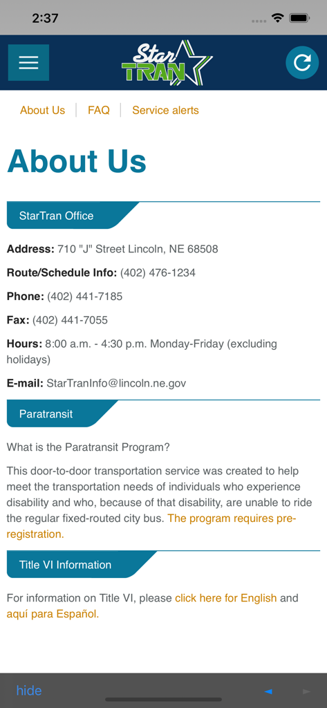 RideLNK - About Us page of the RideLNK app showing StarTran office contact details and paratransit information