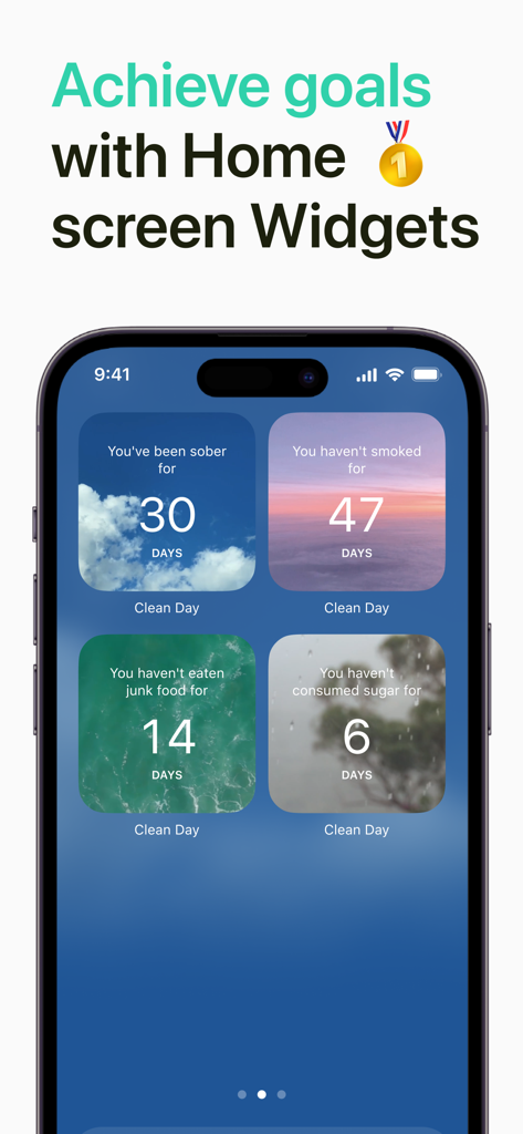 Startbildschirm-Widgets der Clean Day App, die die Tage der Nüchternheit für Gewohnheiten wie Alkohol, Rauchen, Junkfood und Zucker verfolgen.