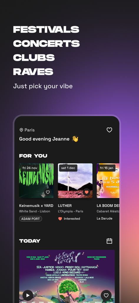 Shotgun: Live Music Experience - Pantalla de la aplicación Shotgun que muestra recomendaciones de eventos de música en vivo para festivales y clubes