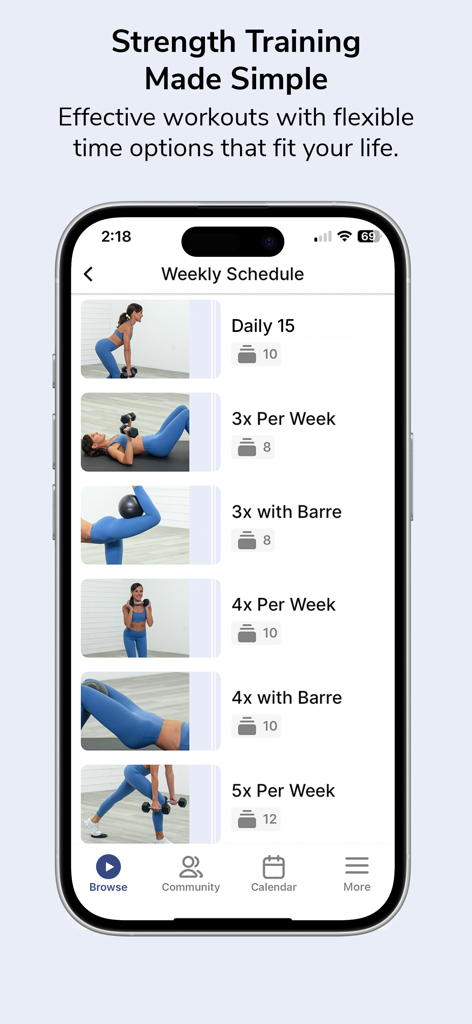 Moms Into Fitness - Moms Into Fitness app interface showing a list of weekly workout schedule options for strength training and barre.