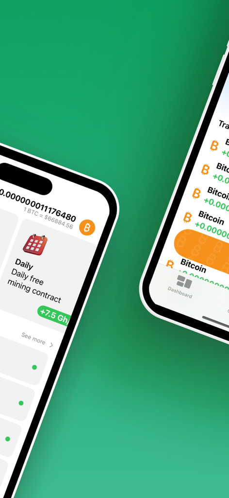Interfaccia dell'app di cloud mining Bitcoin che mostra contratti di mining giornalieri e cronologia delle transazioni