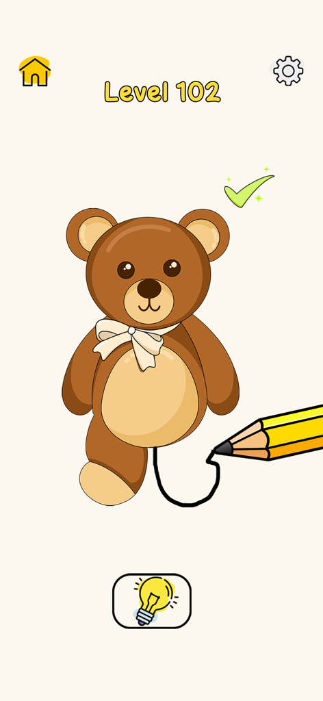 Gameplay of Draw One Puzzle showing a pencil drawing the missing leg of a teddy bear on level 102