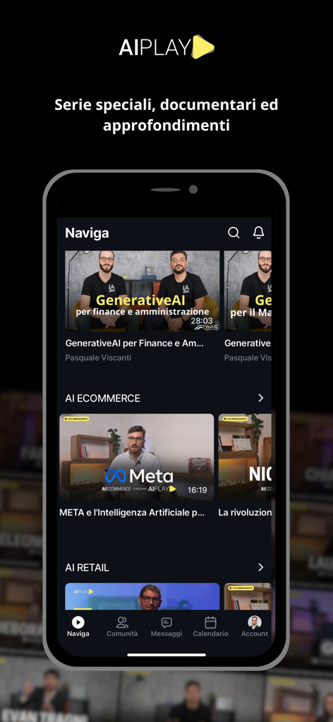 AI Play - Smartphone screen displaying the AI Play app browse section with professional video courses on artificial intelligence