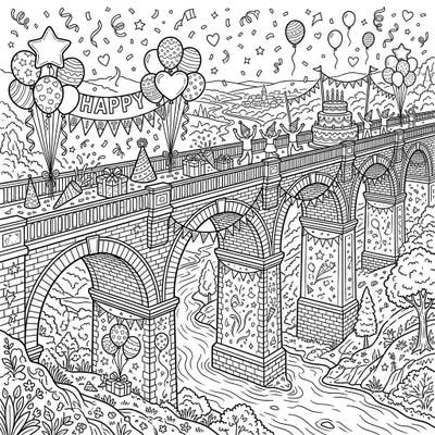 Embark on a joyful coloring adventure with our Viaduct Birthday Party template. This intricate design transforms a classic viaduct into a vibrant celebration, perfect for all ages.