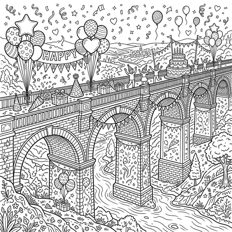 Embark on a joyful coloring adventure with our Viaduct Birthday Party template. This intricate design transforms a classic viaduct into a vibrant celebration, perfect for all ages.