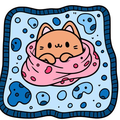 a blanket with blobs for a pattern and a cute cat on it
