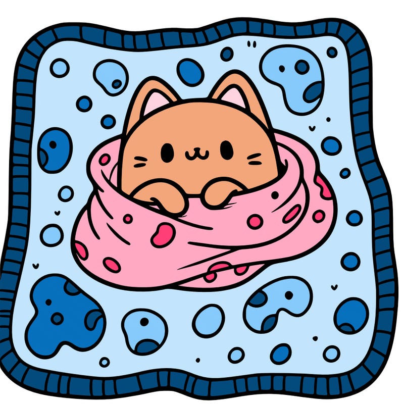 a blanket with blobs for a pattern and a cute cat on it