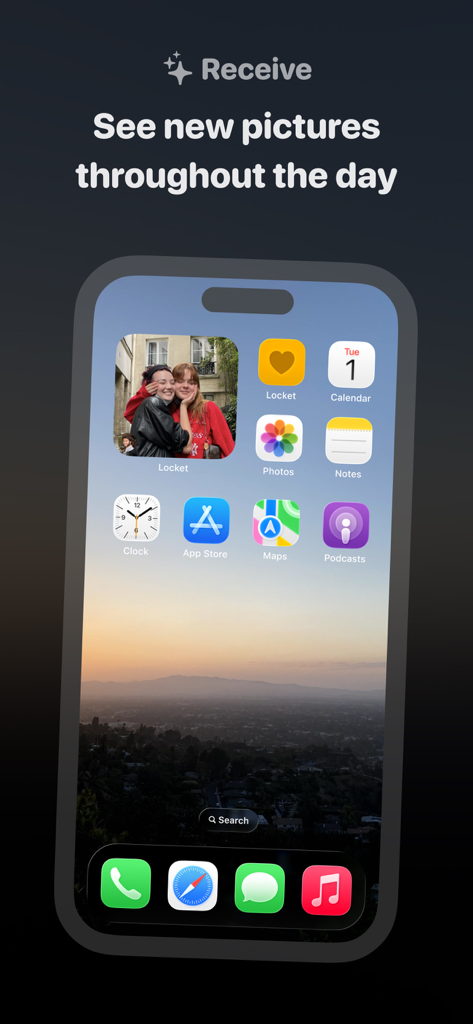 A smartphone home screen featuring the Locket Widget displaying a live photo of two friends