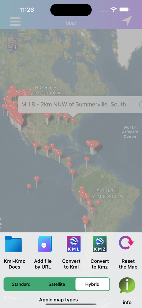 KML KMZ Viewer-Converter - A map interface displaying location markers and a bottom menu with options to convert and manage KML and KMZ files.