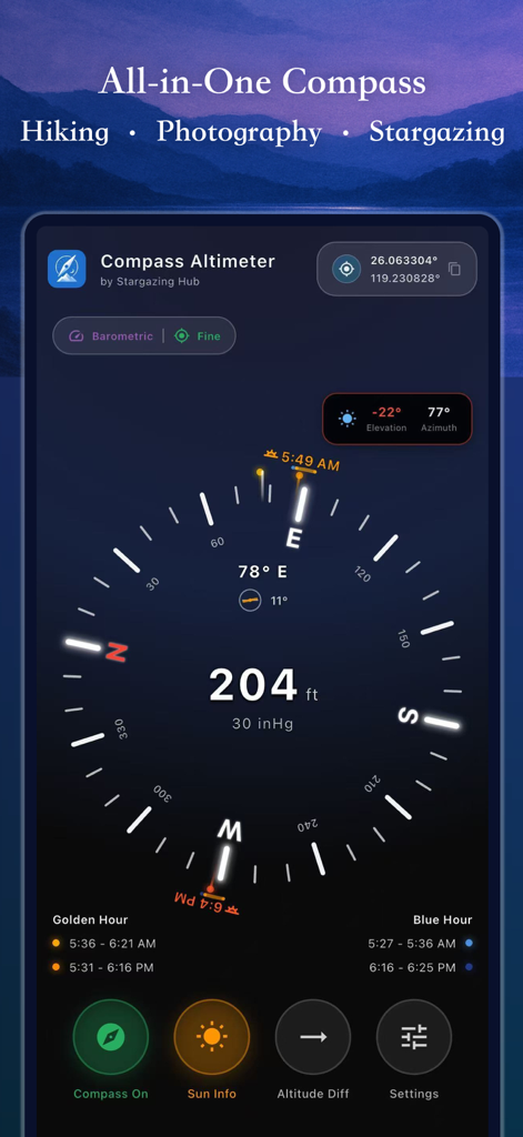 Compass Altimeter: Sun & Moon - Digital compass and altimeter app interface showing elevation, pressure, and golden hour data.