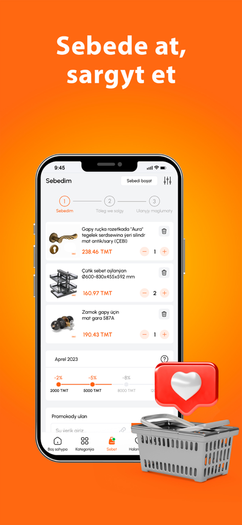 Timar - A mobile interface for the Timar app showing a shopping cart filled with furniture hardware like door handles and cabinet organizers.