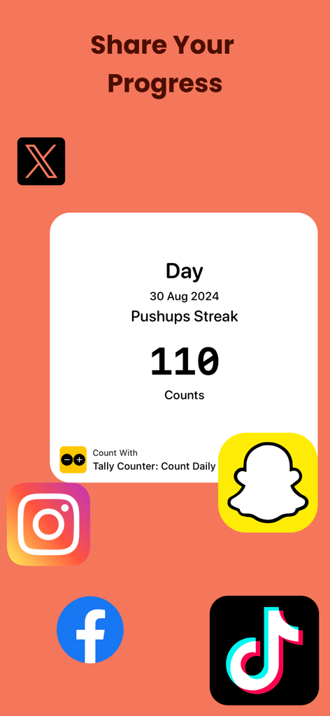 Tally Counter: Habit Tracker - A social media sharing screen showing a 110 pushups streak milestone within the Tally Counter app.