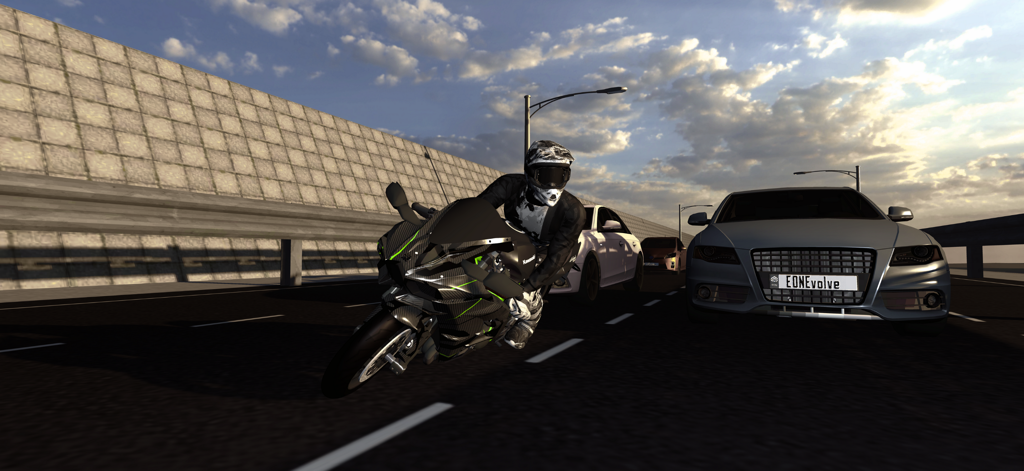 Motorcycle Sim: Multi - Un motorista tomando una curva en una autopista junto a un coche en una simulación de carreras realista.