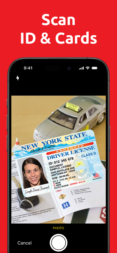 PDF Converter.ㅤ - Mobile app interface showing a driver license being scanned for PDF conversion