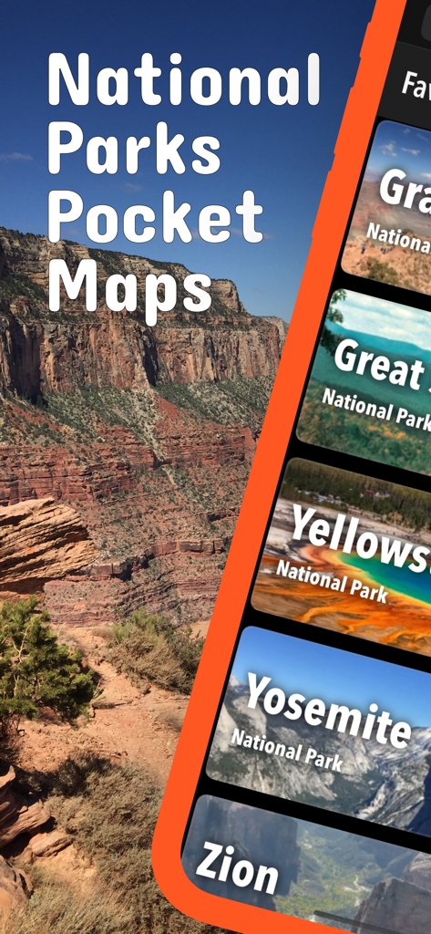 National Parks Pocket Maps - Screenshot of the National Parks Pocket Maps app displaying a list of parks including Yellowstone, Yosemite, and Zion with a canyon background.