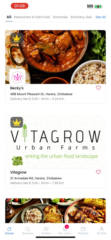 Mushe Market - Pantalla de inicio de la aplicación móvil Mushe Market mostrando una lista de vendedores locales de comida y comestibles para entrega