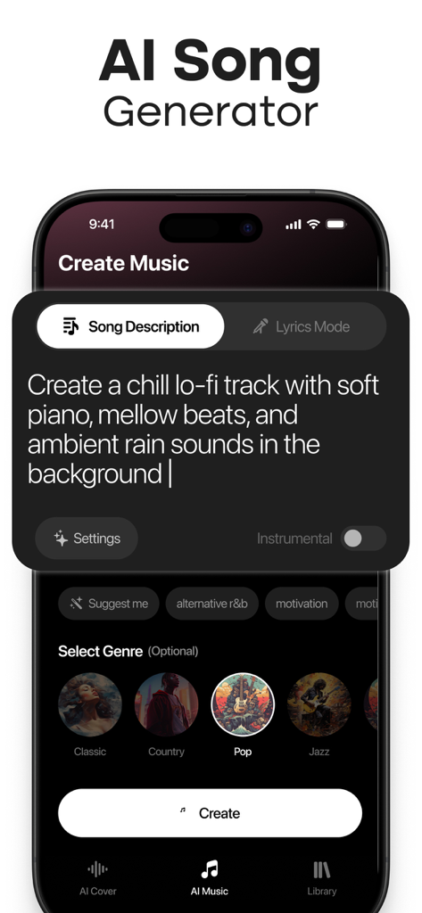 MyTunes : AI Music Generator - Interfaz de la aplicación MyTunes AI Music Generator mostrando una indicación de descripción de canción para una pista lofi relajada