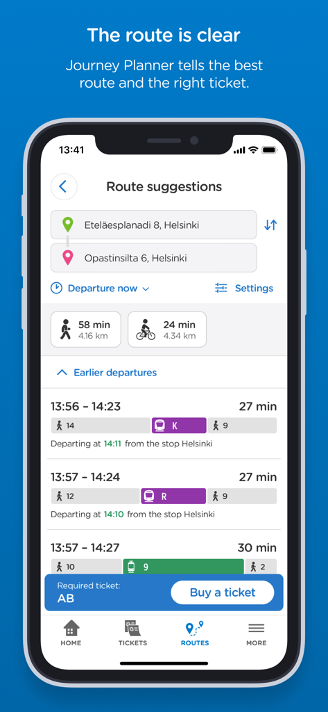 HSL app journey planner showing public transport route suggestions and ticket options