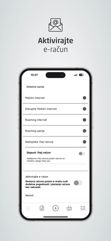 Moj ERONET - Moj ERONET app screen showing e-bill activation and mobile service options.