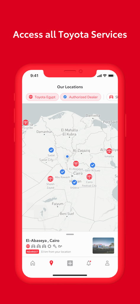 My Toyota EG - A map interface in the My Toyota EG app showing various Toyota dealer and service center locations across Egypt.