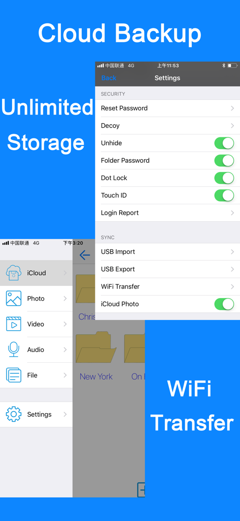 Secret Photo Vault Lock Photos - Configurações de segurança e opções de sincronização de dados no aplicativo Cofre Secreto de Fotos.