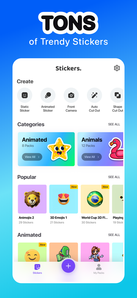 Sticker Maker Hub - WASticker - Une interface d'application mobile montrant une variété de catégories de stickers tendance et d'outils de création personnalisés comme la découpe automatique et les stickers animés
