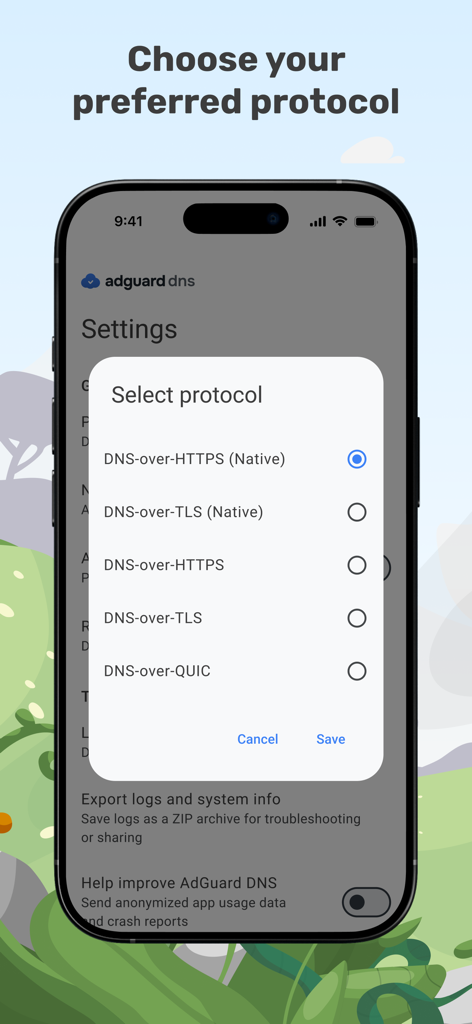 AdGuard DNS - AdGuard DNS app interface showing a list of encrypted protocol options including DNS over HTTPS and DNS over TLS
