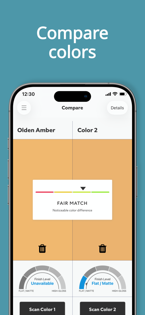 SherMatch+ - Screenshot of the SherMatch plus app comparing two paint colors and their sheen finishes side by side.