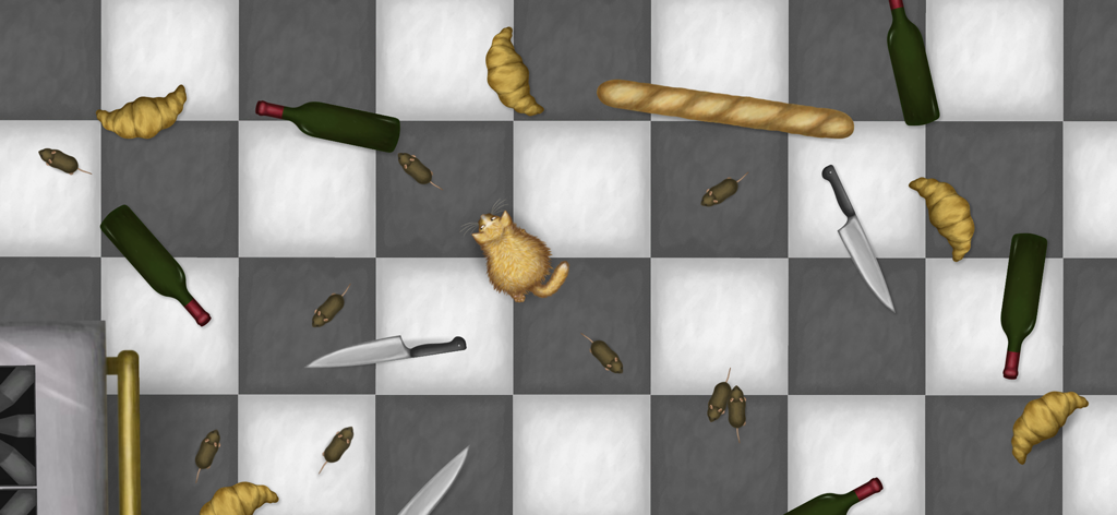 Un gatto arancione su un pavimento da cucina a scacchi circondato da croissant e topi