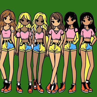 a group of girls wearing crop tops and shorts