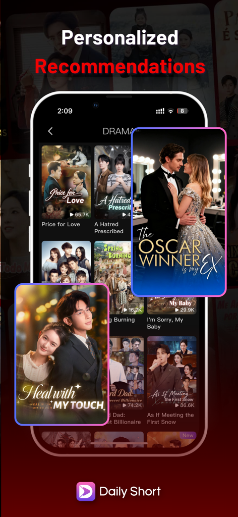 La pantalla de un teléfono móvil mostrando recomendaciones personalizadas de minidramas en la aplicación DailyShort, con pósters de programas románticos.