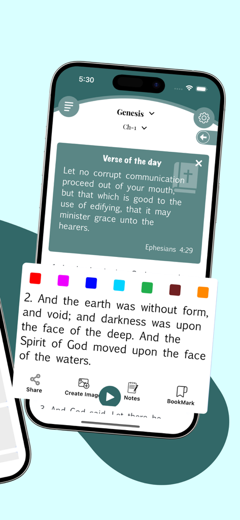 KJV Bible Audio - Holy Version - Interfaz de la aplicación Audio Biblia KJV mostrando el versículo del día y herramientas de resaltado.