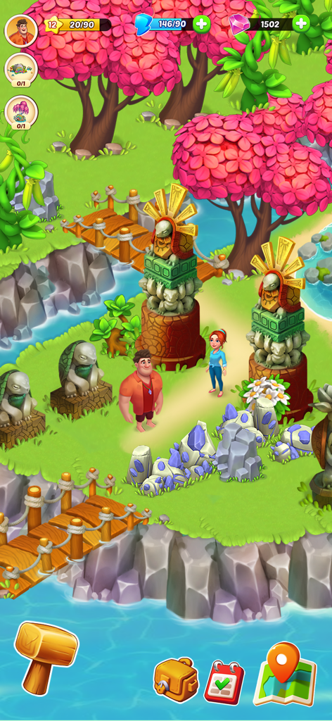 Horizon Island: Farm Adventure - Karl y Lara exploran un exuberante paisaje tropical con árboles de flor de cerezo rosa y antiguas estatuas de tortugas de piedra