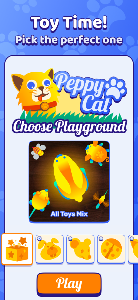 Peppy Cat: Game For Cats - 猫用のデジタルおもちゃを選択するためのPeppy Catモバイルアプリインターフェイス