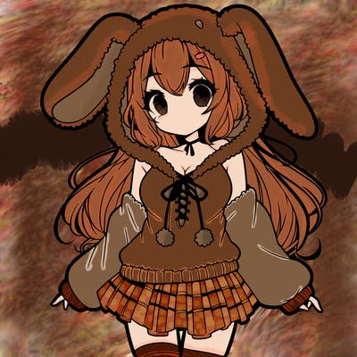pretty anime girl wearing a fluffy hoodie with bunny ears on the hood and a skirt