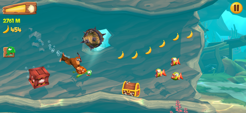 Banana Kong 2 - Banana Kong montando una tortuga en un nivel de laguna submarina