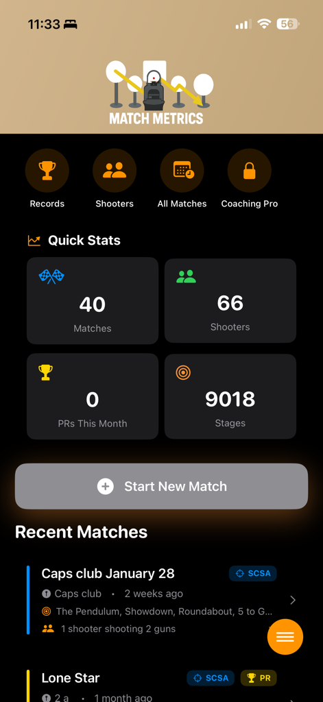 Match Metrics - Dashboard do aplicativo Match Metrics mostrando estatísticas para competições de tiro