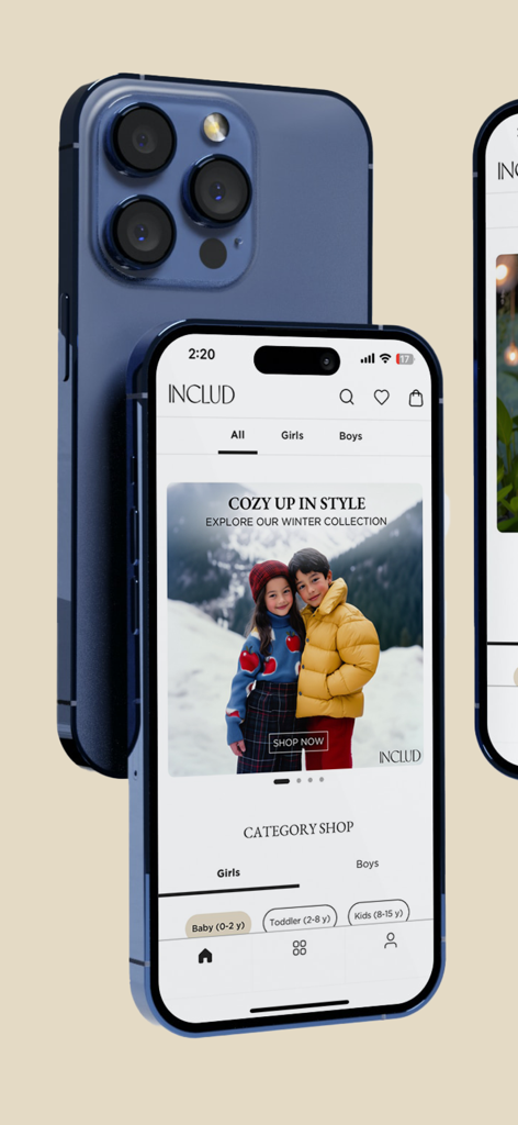 INCLUD - The INCLUD app interface on an iPhone displaying a children winter clothing collection