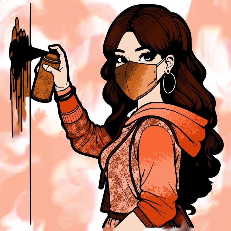 realistic girl with mask spray painting a wall